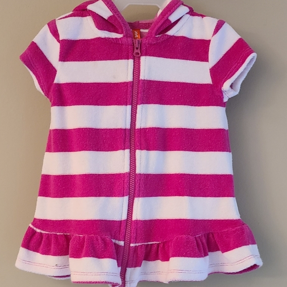 Pink striped terry hooded swimsuit coverup - Picture 1 of 4